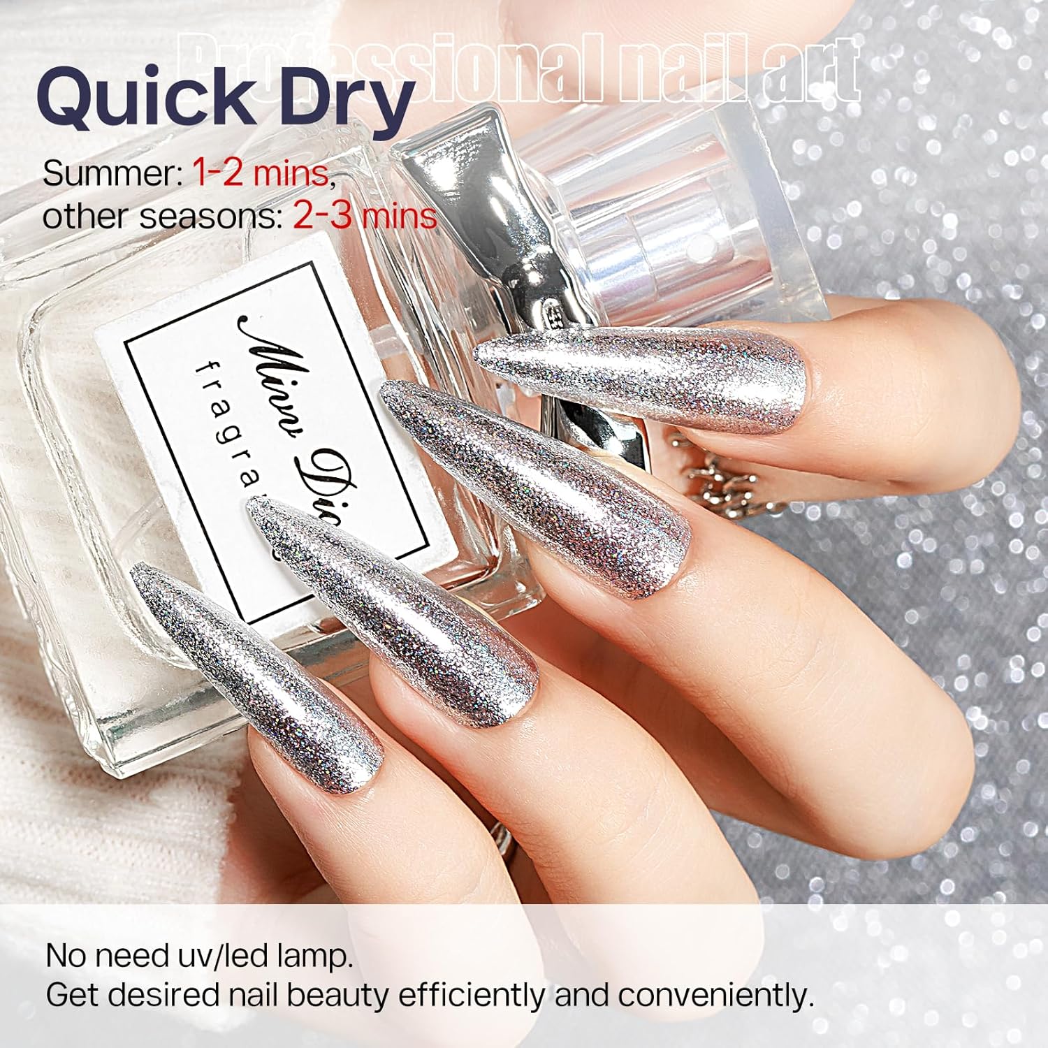 MIZHSE Quick Dry Glitter Silver Nail Polish, Classic Nail Polish Air Dry Fast, 15ml High Glossy Sparkly Shiny Shimmery Nail Art Salon Manicure Home-Velvo Beauty