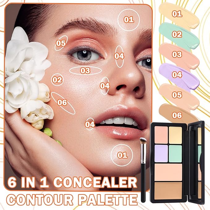 6 Colors Correcting Concealer Palette,Contouring Highlighting Concealer Palette Makeup Kit with Brush,Foundation Makeup Cream Contour Palette for Conceals Dark Circles,Blemish(01#)-Velvo Beauty