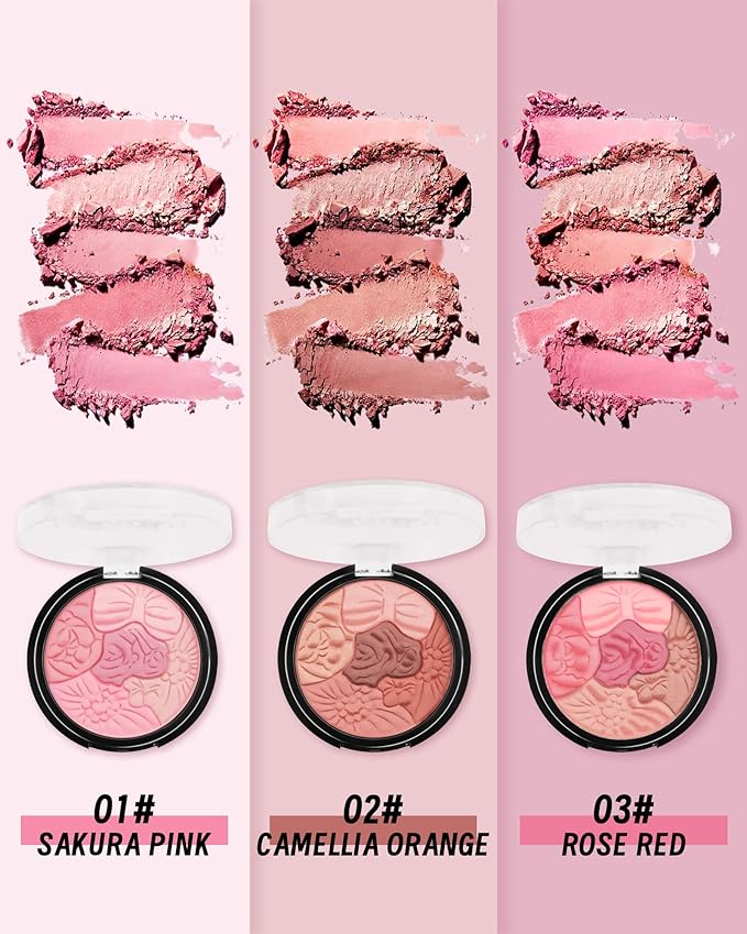 Flower Blush for Cheeks, Matte Shimmer Face Blush Powder,Contour Multiuse Facial Make up Palette,Longlasting Waterproof Embossed Blusher,Mother's Day Makeup Gift for Women-02#Camellia Orange-Velvo Beauty