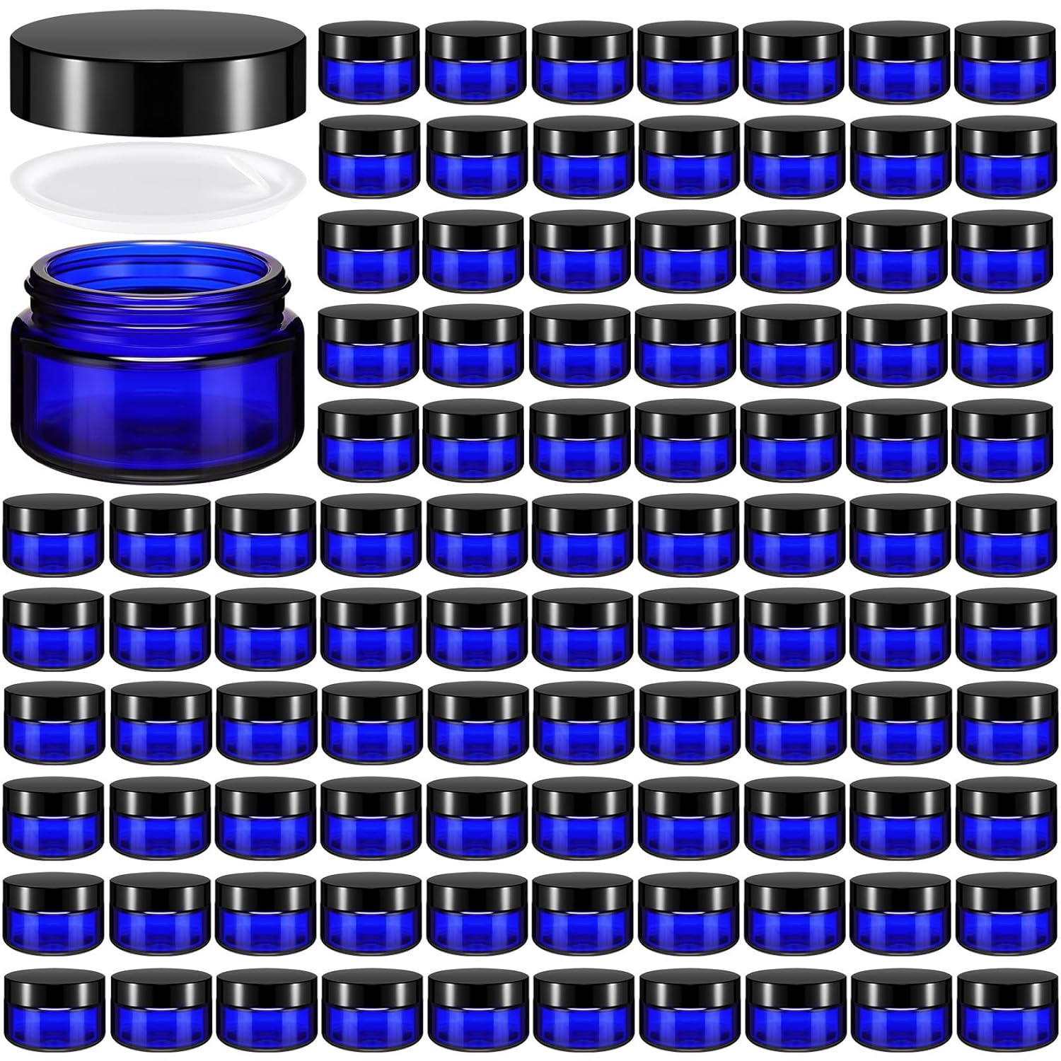 Domensi 100 Pcs 1 oz Glass Jars with Lids Bulk Round Glass Cosmetic Jars Lids 1 oz Small Travel Containers with Inner Liner for Lotions Powders Ointments Sample Cream(Cobalt Blue, Black)-Velvo Beauty