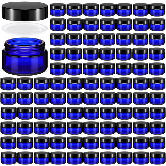 Domensi 100 Pcs 1 oz Glass Jars with Lids Bulk Round Glass Cosmetic Jars Lids 1 oz Small Travel Containers with Inner Liner for Lotions Powders Ointments Sample Cream(Cobalt Blue, Black)-Velvo Beauty