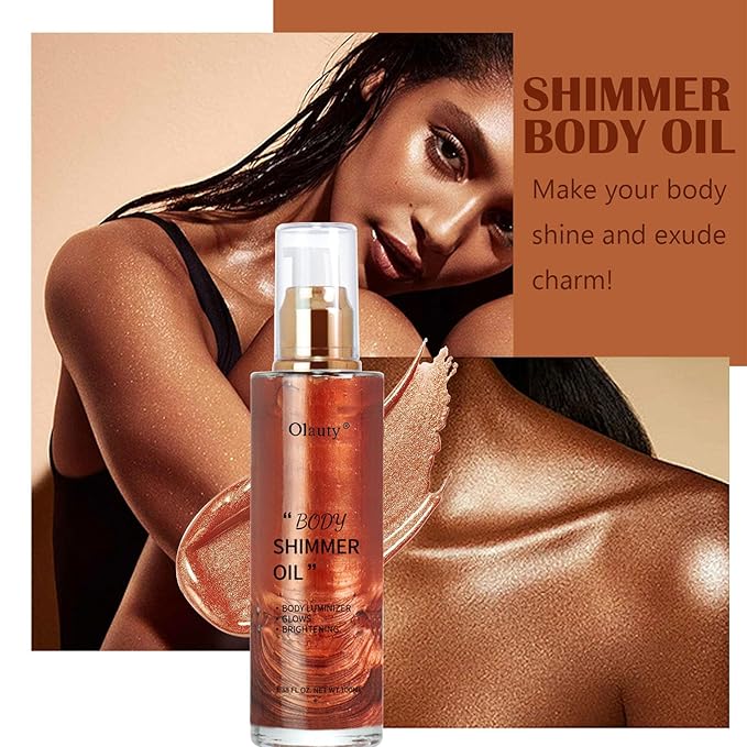 Shimmer Body Oil-Gold Face Brighten Glow Pearl Highlighter Liquid Illuminator Body Glow Oil,4 Color Bronze Makeup Glitter Body Shimmer Oil with Makeup Brush-Velvo Beauty