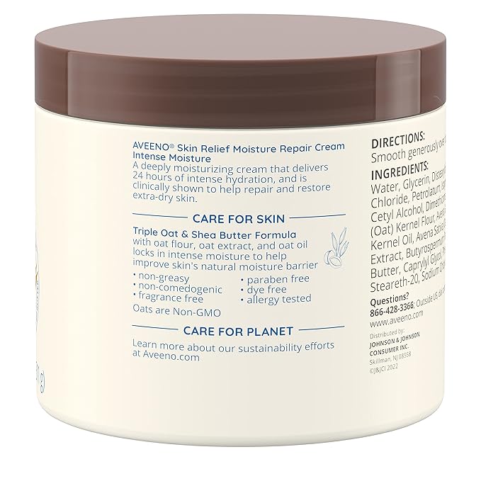 Aveeno Skin Relief Intense Moisture Repair Body Cream with Triple Oat & Shea Butter Formula, Helps Relieve & Restore Extra-Dry Skin with Long-Lasting Moisture, Fragrance-Free, 11 oz-Velvo Beauty