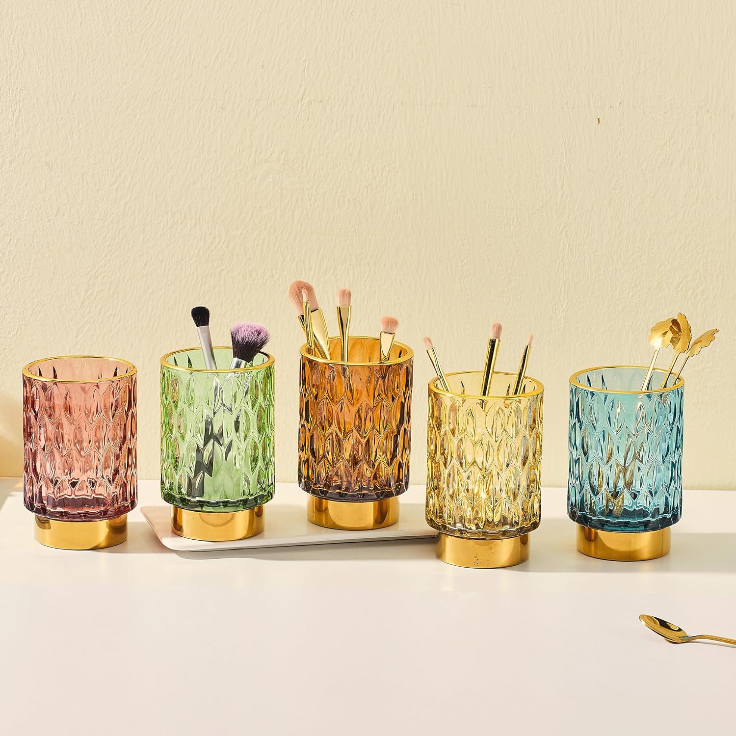 Makeup Brush Holder Organizer,Toothbrush Holders,Desk Pen Pencil Holder,Multifunctional Vintage Glass Brush Cup(A39-4-US)-Velvo Beauty