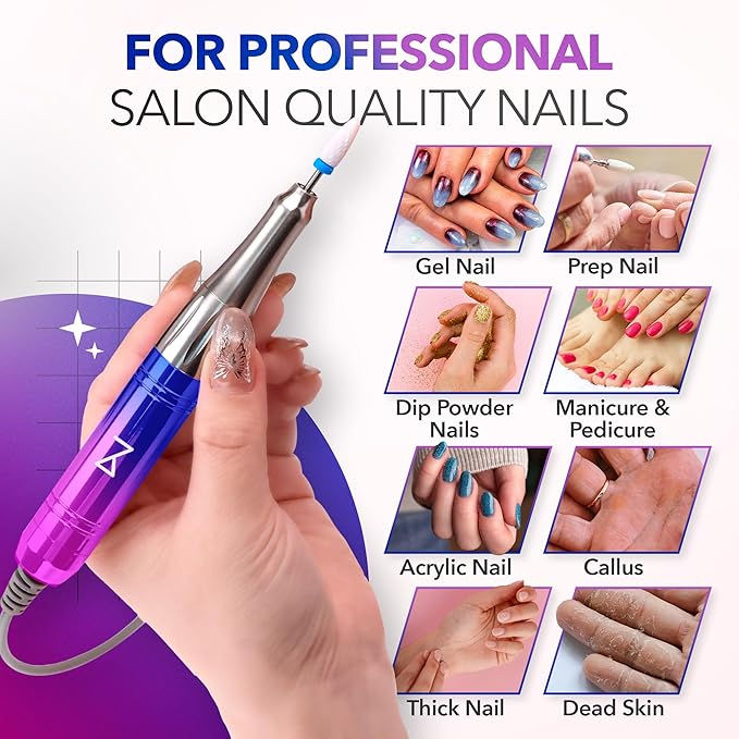 M Mase- Professional Nail Drill Machine - Coreless 2-in-1 Nail File - Electric, Cordless, 35000 RPM, HD Display - Electric Nail Drill for Professional & Home Use (Unicorn Pink Blue)-Velvo Beauty