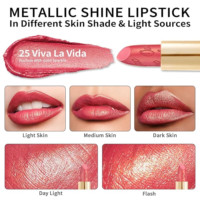 Oulac Glitter Lipstick for Women with Metallic 3D Shine Lightweight Hydrating Formula, High Impact Lip Color, Vegan Beauty, Full Coverage Lip Makeup, Christmas Gifts for Women, Viva La Vida(25)-Velvo Beauty