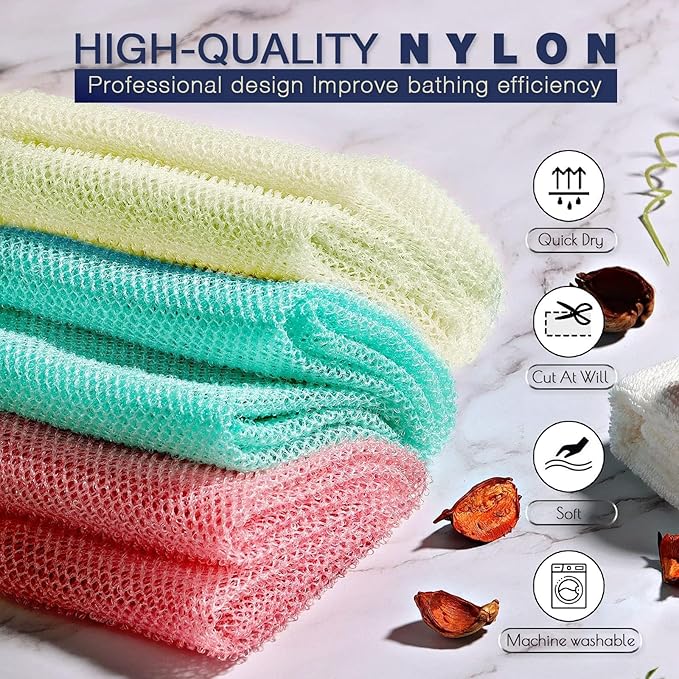 UJFQBH 3 Pieces African Net Sponge, African exfoliating net African Net Long Net Bath Sponge Exfoliating Shower Body Scrubber Back Scrubber Skin Smoother(Pink, Green, Off-White)-Velvo Beauty