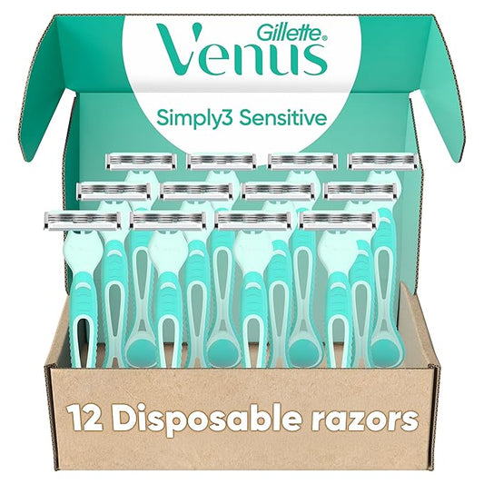 Gillette Venus Simply 3 Sensitive Disposable Razors, Sensitive Skin, 3 Bladed Razors, Pivoting Head for Incredible Comfort, Soft Grip Handle, 12 Count-Velvo Beauty