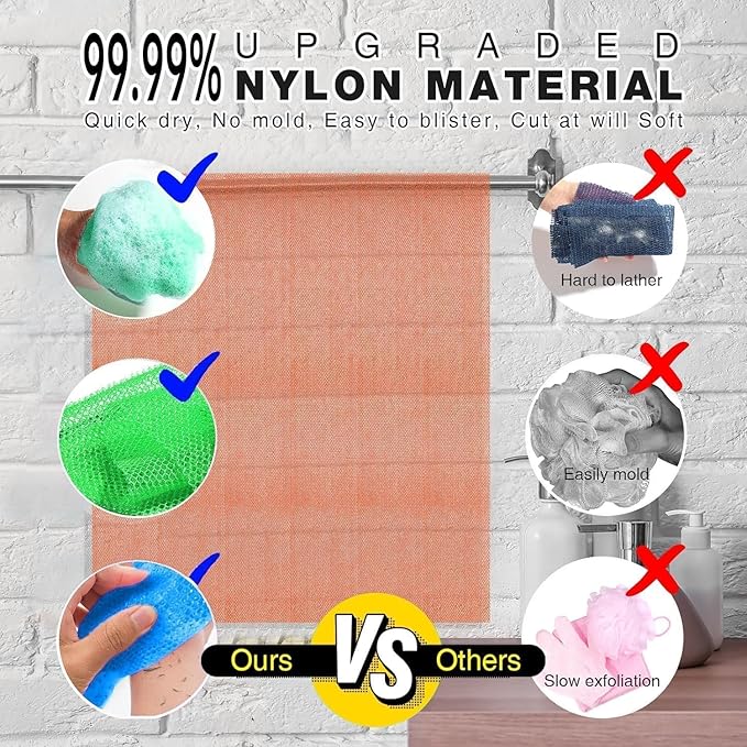 UJFQBH 3 Pieces African exfoliating net African Net Long Net Bath Sponge Exfoliating Shower Body Scrubber Back Scrubber Skin Smoother,Great for Daily Use (Yellow, Green, Blue)-Velvo Beauty