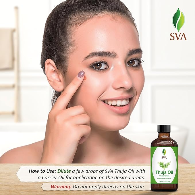 SVA Thuja Essential Oil – 4 Fl Oz – 100% Natural Thuja Oil - for Diffuser, Hair Care, Face, Skin Care, Aromatherapy, Scalp and Body Massage, Soap and Candle Making – with Dropper-Velvo Beauty