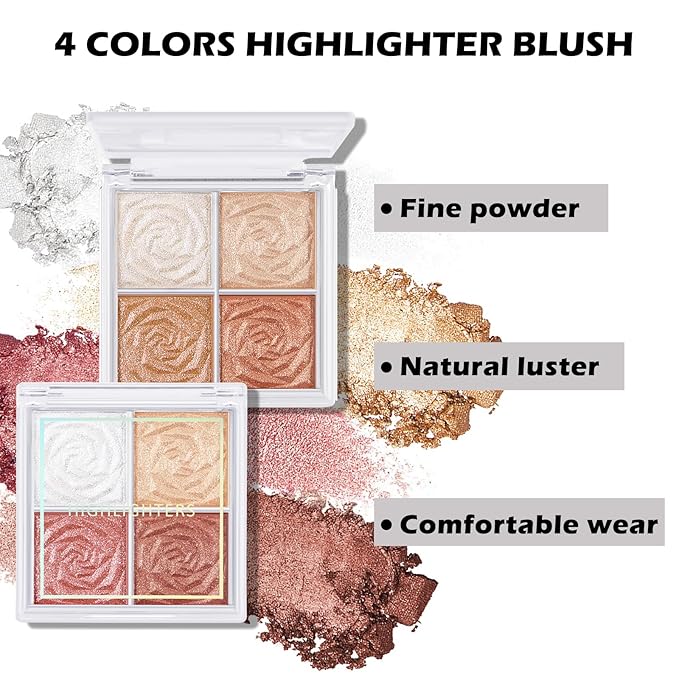 Boobeen Blush and Highlighter Palette- 4-color Metallic Shimmer Shadow Powder, Illuminator Makeup Set for Shading, Highlighting & Defining the Face-Velvo Beauty
