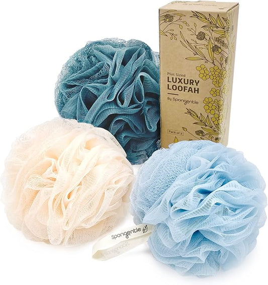 Spongentle Dual Texture Deep Cleansing Loofah Sponge for Radiant Skin, Pack of 3, Bath and Shower, Exfoliating Body Scrubber, Beautiful Colors for Women and Men-Velvo Beauty