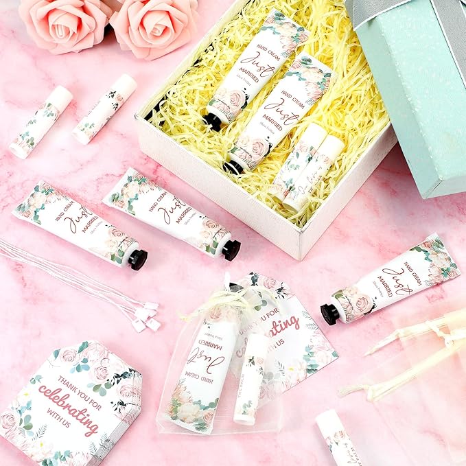25 Set Wedding Lip Balms and Hand Cream Gift Set Include 25 Moisturizing Hand Care Cream 25 Lip Balms with Thank You Cards and Bags Bridesmaid Gift Set for Bridal Shower Wedding(Floral)-Velvo Beauty