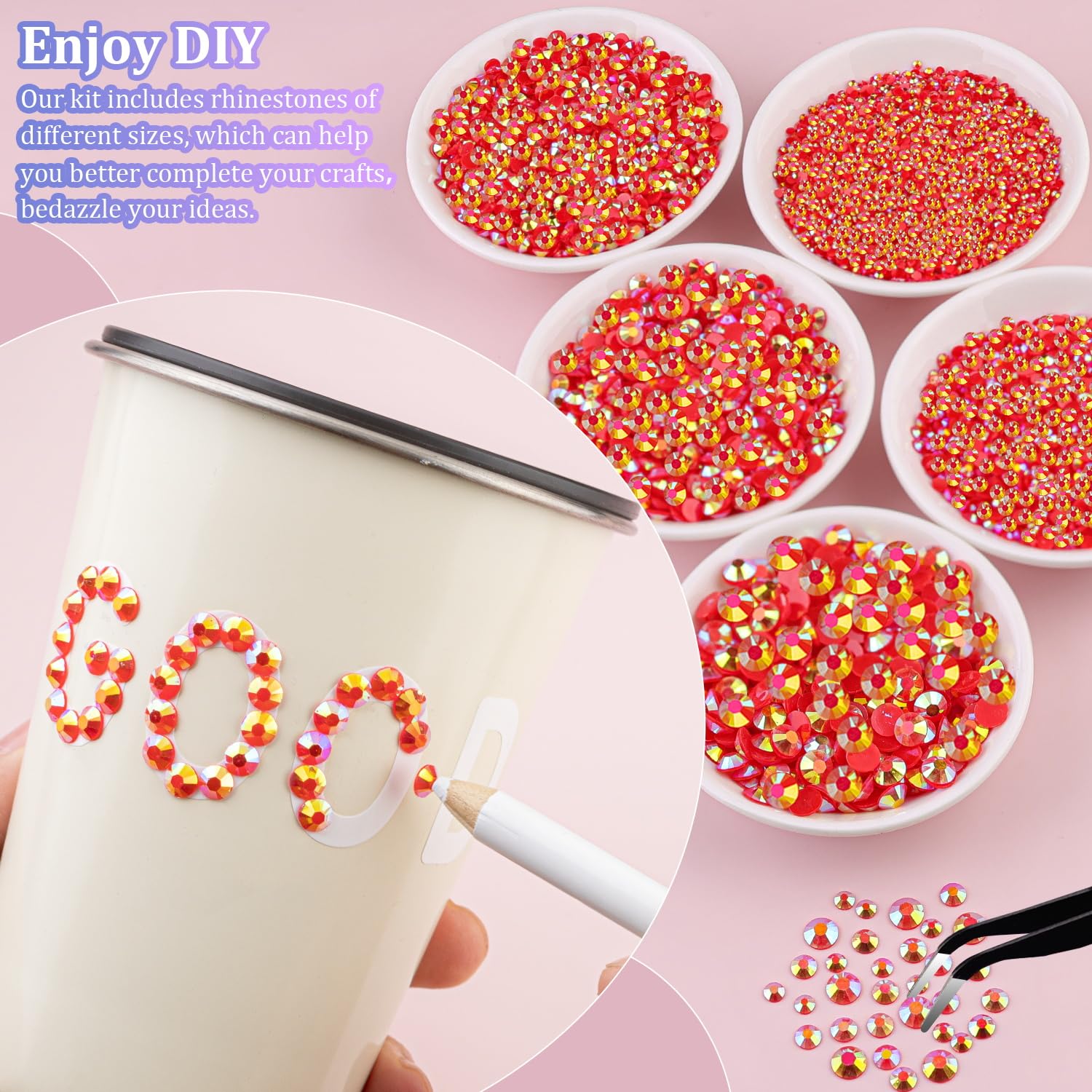 25000Pcs Resin Jelly Rhinestones for Crafting, Red AB 2-6mm Mixed Sizes Non Hotfix Flatback Gems, Bedazzling Crystal for DIY Crafts Clothing Tumblers Mugs Shoes Fabric Nail Art-Velvo Beauty