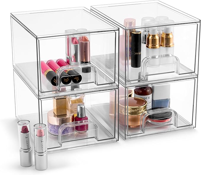 Sorbus Acrylic Storage Containers - 4 Pack, Stackable Storage Bins Set for Bathroom Organization - Clear Acrylic Drawer Organizers - Makeup Case Pull-Out Drawers (4.4’’ Tall)-Velvo Beauty