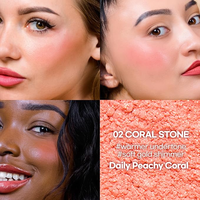 Hope Girl 3D Powder Blusher 0.17oz | Skin-Loving Korean Mini Blush for Cheeks and Eye Makeup w/Allantoin | K Beauty Cool Toned Vibrant Sunkissed Fine Powder Makeup Blush Cosmetics (#02 Coral Stone)-Velvo Beauty