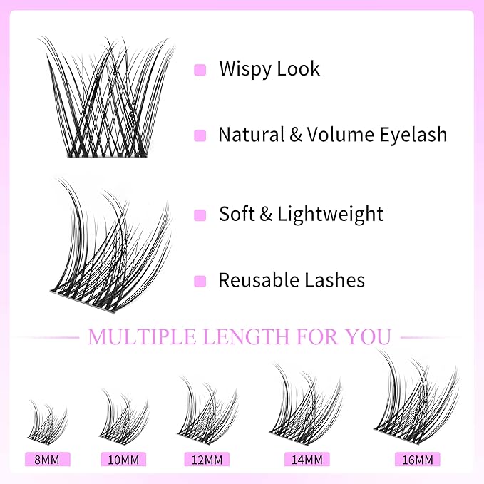 VEYESBEAUTY Lash Clusters Kit Individual Eyelash Extensions Thin & Invisible Band DIY False Eyelashes Newbie's Five-Second Series Wispy Lash Tray, LuxeBold KIT with Bond&Seal Remover Applicator-Velvo Beauty