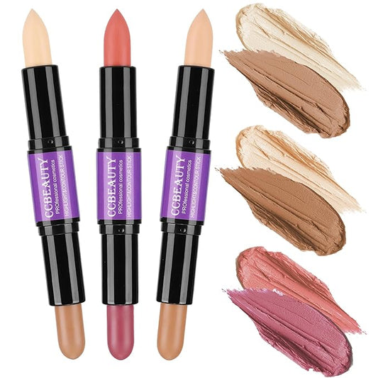 CCbeauty Contour Stick, 3pcs Dual-ended Wonder Stick Cream Highlight & Contour Kit, Bronzer and Highlighter Set for Face Contouring Shaping Makeup, Long Lasting & Waterproof - All Skin-Velvo Beauty