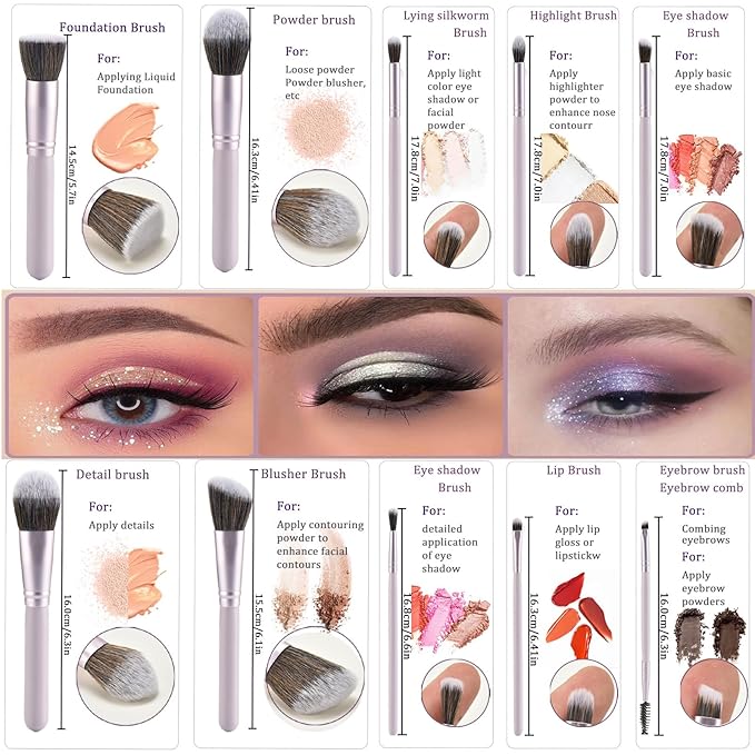 10 Piece Purple Makeup Brushes Set and 3 Piece Makeup Sponge - Wooden Handle with Soft Synthetic Bristles, for Face & Eye Makeup | Professional Cosmetic Brushes | Includes Travel Pouch-Velvo Beauty