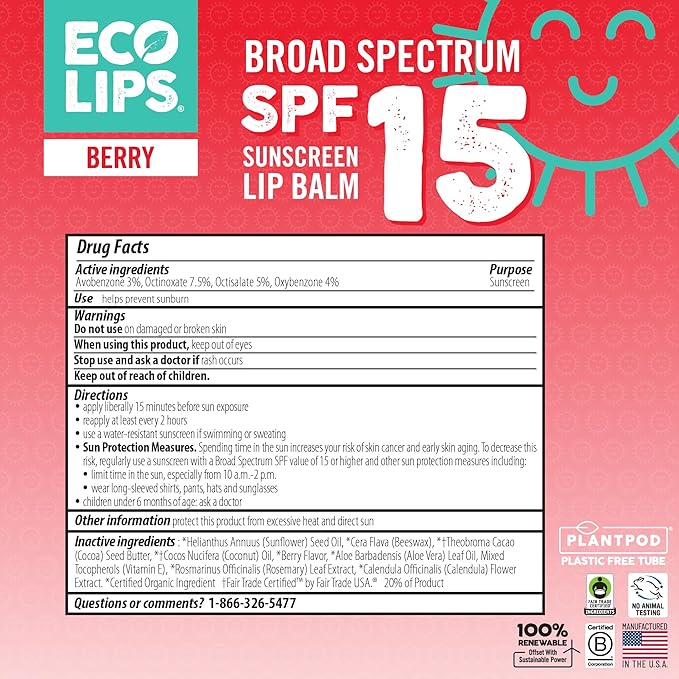 Eco Lips Classic Variety Broad Spectrum Sunscreen Lip Balm 6-Pack (Berry, Sport, Mint) - 100% Plastic-Free Plant Pod Packaging - Made in USA-Velvo Beauty