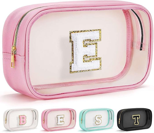 YOOLIFE Initial Make Up Bag Travel Toiletry Bag, Clear Makeup Bag Preppy Cosmetic Bags Organizer Travel Essentials Pink Gifts for Women Teen Girlfriend Teacher Mom Birthday Mothers Day Gifts E-Velvo Beauty