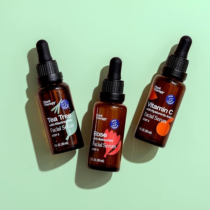 Plant Therapy Facial Serum Trio Set 1 oz each, Vitamin C & Hyaluronic Acid, Rose with Bakuchiol & Tea Tree with Niacinamide, Reduces the Appearance of Fine Lines & Wrinkles-Velvo Beauty