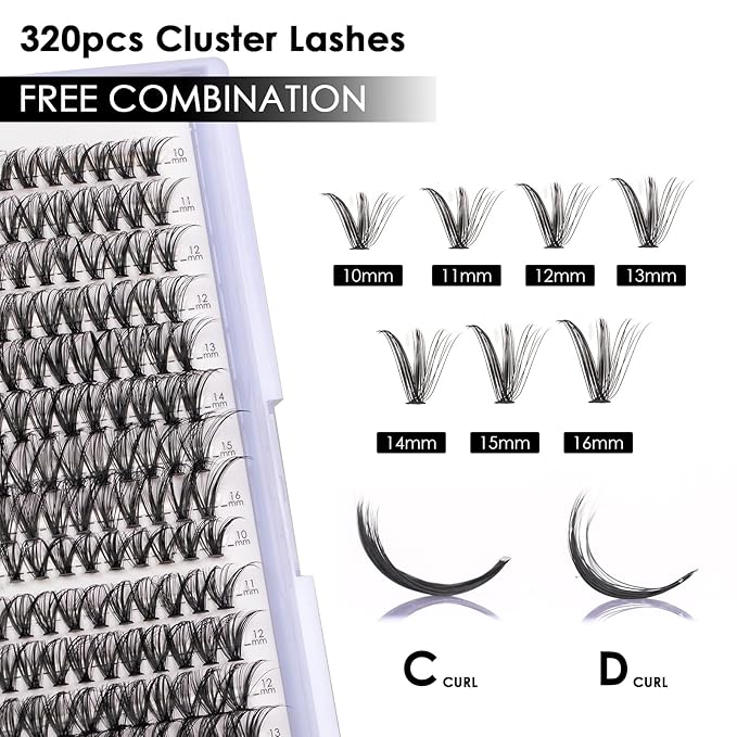 Lash Clusters 320pcs Individual Lashes 30D&40D DIY Lash Extensions D Curl Lash Clusters False Eyelashes Natural Look 10-16mm Mix Cluster Eyelash Extensions EASY TO USE (30D+40D-0.07D)-Velvo Beauty