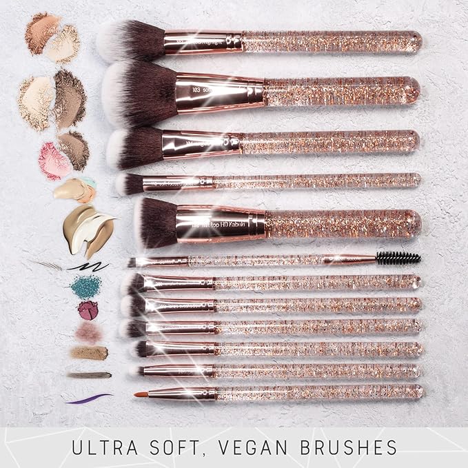 Niré Beauty 15piece Award Winning Glitter Makeup Brushes: Cute Makeup Brushes Set with Case, Beauty Blender, Cleaner, Guide, Gift Box-Velvo Beauty