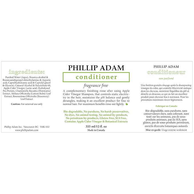 Phillip Adam Fragrance Free Shampoo and Conditioner Set with Apple Cider Vinegar - pH Balancing - Enhance Shine and Smoothness- 12 Ounce Each-Velvo Beauty