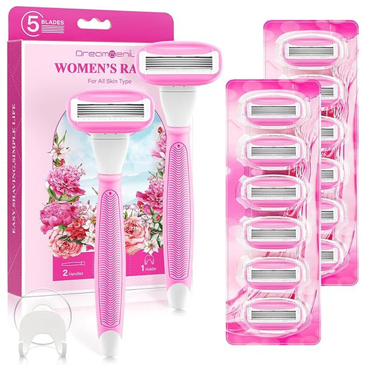 DreamGenius Razors for Women Include 2 Non-Slip Handles and 14 Blade Refills with a Shower Holder, 5 Premium Blades Women's Razors for Shaving with 360° Lubrication Reduces Irritation, Pink-Velvo Beauty