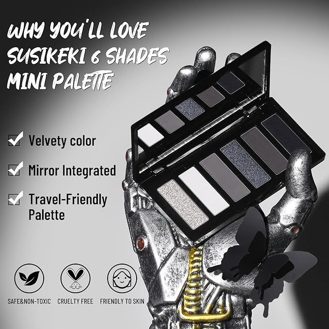 Black Eyeshadow Palette with Mirror Silver Gray Black Tones Matte Shimmer Smokey 6 Colors Mini Eye Shadow Pallet Travel Size Highly Pigmented for Vampire Clown Joker Goth Halloween Makeup-Velvo Beauty
