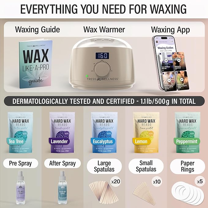 Tress Wellness Waxing Kit for Sensitive Skin – Safe for Face & Skin, Prep & Aftercare Spray, Easy to Use – At-Home Kit for Face, Bikini, Brazilian & Full Body - Digital Display, Beige-Velvo Beauty