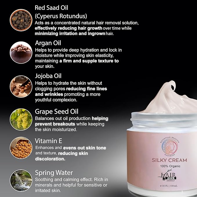 Silky Cream by Hadirose | Pure Red Saad Oil (Egyptian Cyperus Rotundus) | Organic Hair Removal Maintenance Cream | Prevent Ingrown Hair | Scented (Rose, Jasmine & Lavender) | Made in the USA.-Velvo Beauty
