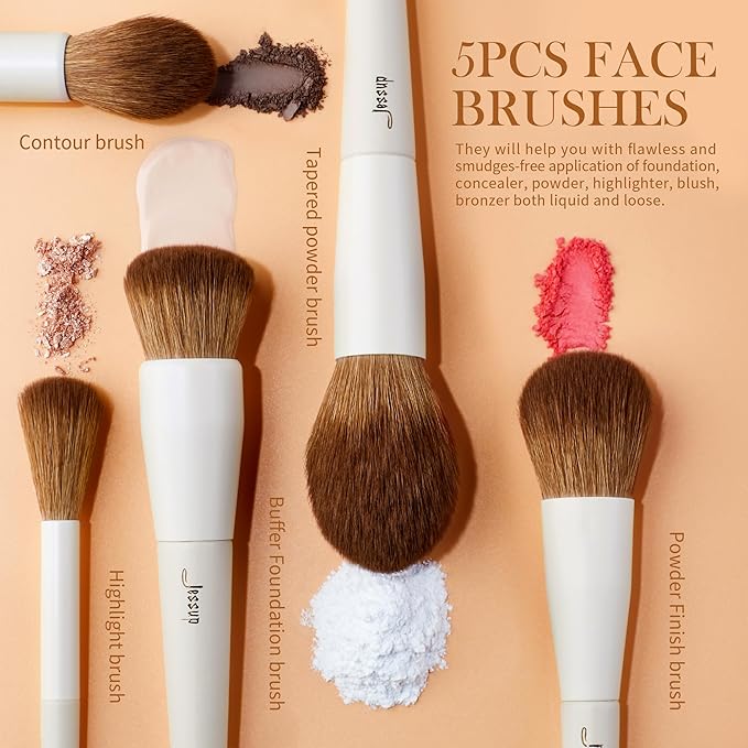 Jessup Makeup Brush Set 5Pcs Face Makeup Brushes Vegan Soft Foundation Brush Blush Brush Bronzer Contour Brush Highlighter Brush Fluffy Setting Powder Brush, Light Grey T493-Velvo Beauty