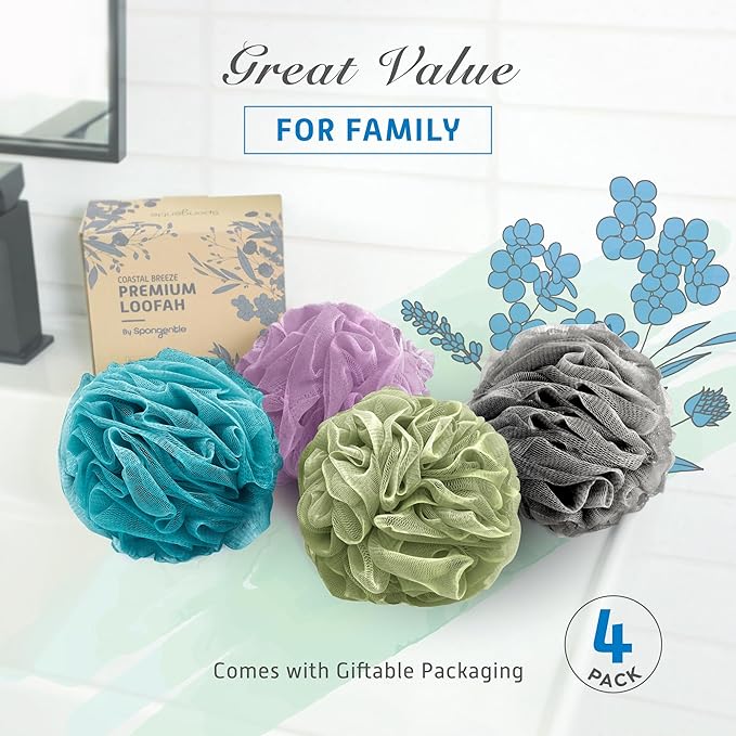 Spongentle Premium Deep Cleansing Loofah Sponge for Radiant Skin, Pack of 4, Bath and Shower, Exfoliating Body Scrubber, Beautiful Colors for Women and Men-Velvo Beauty