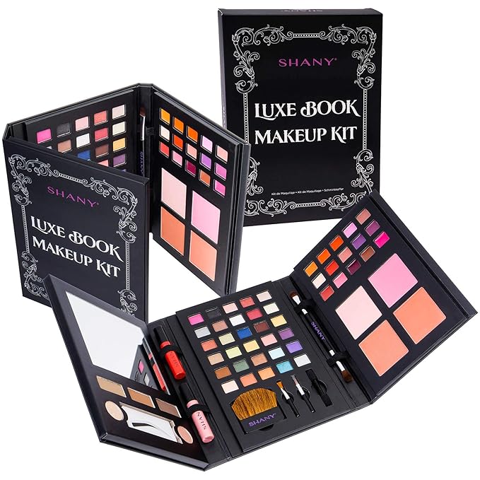 SHANY Luxe Book Makeup Set - All In One Travel Cosmetics Kit with 30 Eyeshadows, 15 Lip Colors, 5 Brushes, 4 Pressed Blushes, 3 Brow Colors, and Mirror-Velvo Beauty