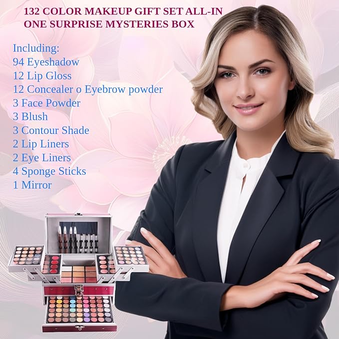132 Colors All In One Ultimate Color Makeup Kit: Carry All Trunk with Cosmetic Contouring Palette, Concealer, Face Powder, Lip Gloss, Blusher, Contour Shade, Eye Liner, and Eyebrow Powder.-Velvo Beauty