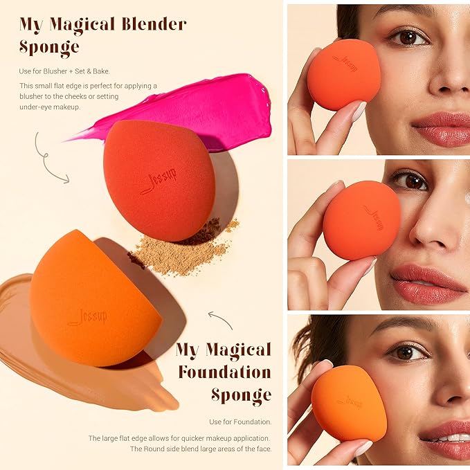 Jessup Foundation Brush with Makeup Sponge Set, 1pc Flat Top Kabuki Brush and 3pcs Make up Sponges for Concealer Blending Blush Powder Buffing Stippling with Gift Box, T505-Velvo Beauty