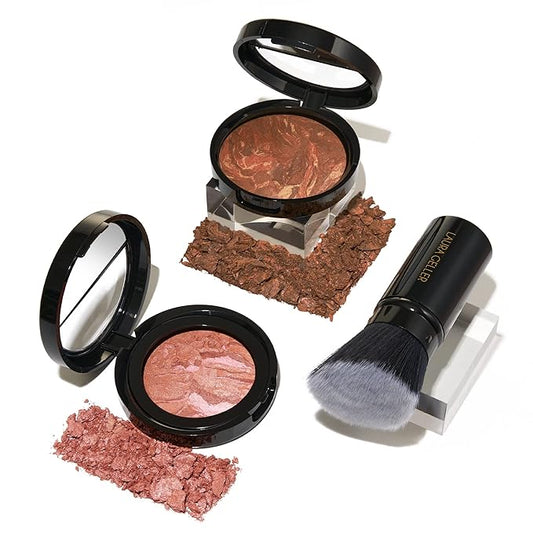 Blush-n-Glow Kit (3 PC): LAURA GELLER NEW YORK Baked Balance-N-Glow Illuminating CC Powder Foundation Toffee, Retractable Kabuki Brush, Baked Blush-N-Brighten Pink Grapefruit-Velvo Beauty