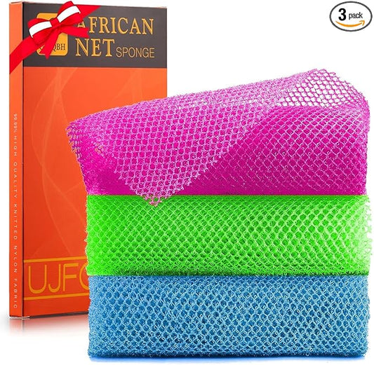 UJFQBH 3 Pieces African Bath Sponge African Net Long Net Bath Sponge Exfoliating Shower Body Scrubber Back Scrubber Skin Smoother,Great for Daily Use (Rose Red, Blue, Green)-Velvo Beauty