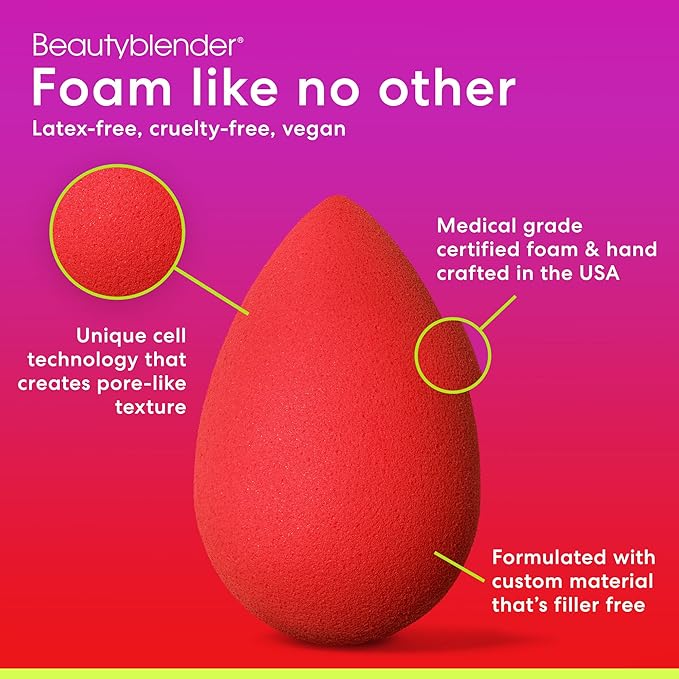 Beautyblender® | Ruby Beauty Blender Makeup Sponge, Super-Soft Foam Easily Blends Foundations, Powders & Creams, Made in USA, Reusable, Washable, Streak Free Application, Vegan, Cruelty Free-Velvo Beauty
