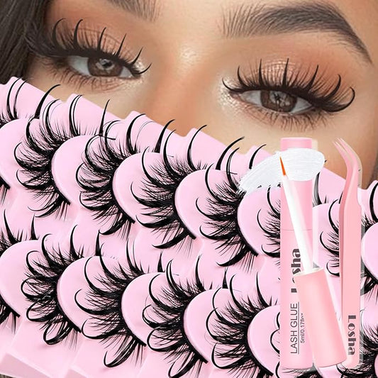 Losha Lashes Spiky Manga Lashes Wet Look Dramatic False Eyelashes 10 Pairs D Curl Cat Eye Lashes Kit with Lash Glue and Lash Tweezers Cosplay Anime Fake Eyelashes (Daring)-Velvo Beauty