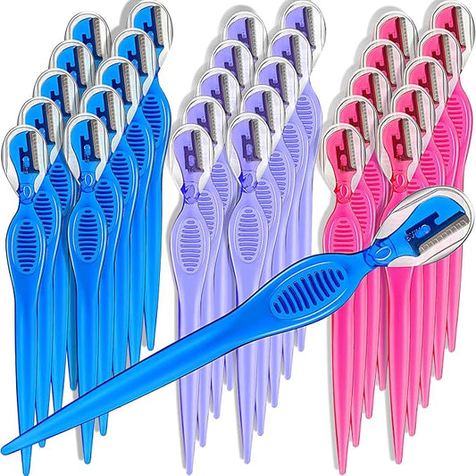 30 Pcs Dermaplane Razor Eyebrow Razor for Women Trimmer Shaver with Precision Cover Multipurpose Exfoliating Dermaplaning Tool Facial Hair Removal for Women Face Lip Grooming, 3 Colors-Velvo Beauty