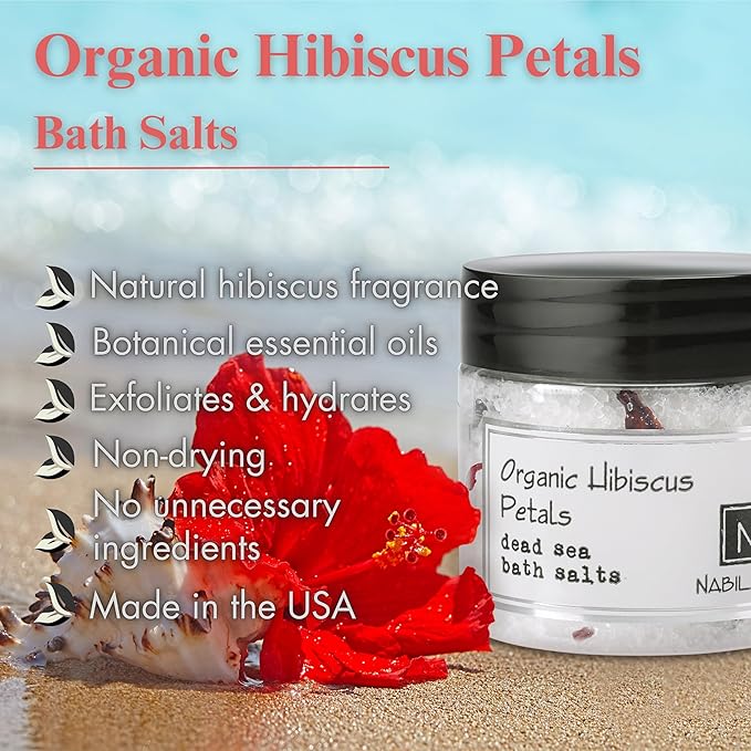 Organic Hibiscus Petals Bath Salts by Nabila K - Dead Sea Salt & Epsom Salt Scrub & Soak - Exfoliates & Hydrates Skin, Botanical Essential Oils - Bubble Bath Accessories for All Skins Types, 8 oz-Velvo Beauty