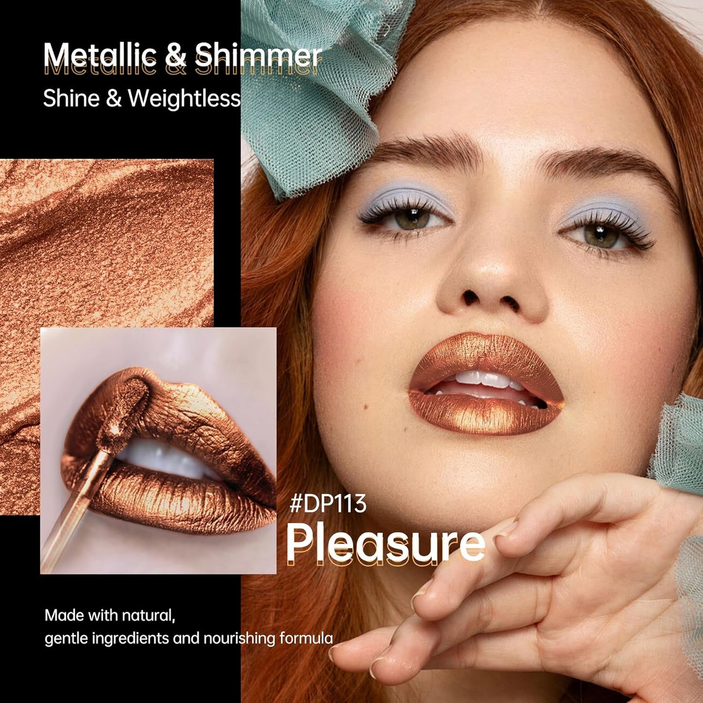 Brown Lipsticks for Women Metallic Lipstick Long Lasting Non Stick Cup Lip Gloss, Shimmer Lightweight Hydrating Full Coverage Lip Color, DP113 Pleasure-Velvo Beauty