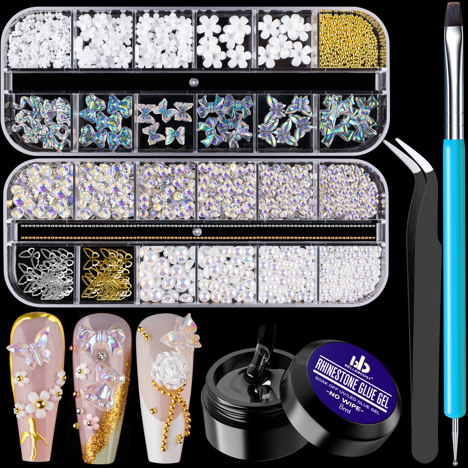 Mixed 3D Nail Art Gem Decoration Accessories Kit #5, Aurora Bear Bow Butterfly Starry AB Rhinestone Charm Jewelry for Deco, Pearl Flower Caviar Bead Stone Crystal with Dual-End Brush and Tweezer-Velvo Beauty