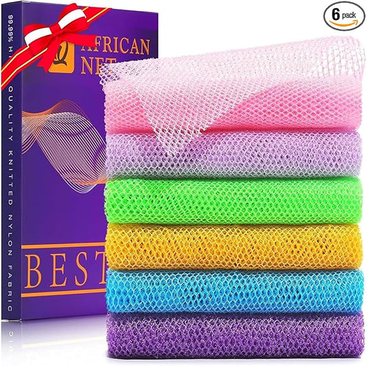 UJFQBH 6 Pieces African Bath Sponge African Net Long Net Bath Sponge Exfoliating Shower Body Scrubber Back Scrubber Skin Smoother,Great for Daily Use (Purple, Purple, Pink, Orange, Blue, Green)-Velvo Beauty