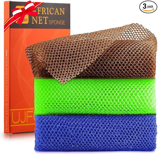 UJFQBH 3 Pieces African Bath Sponge African Net Long Net Bath Sponge Exfoliating Shower Body Scrubber Back Scrubber Skin Smoother,Great for Daily Use (Brown、Blue、Green)-Velvo Beauty