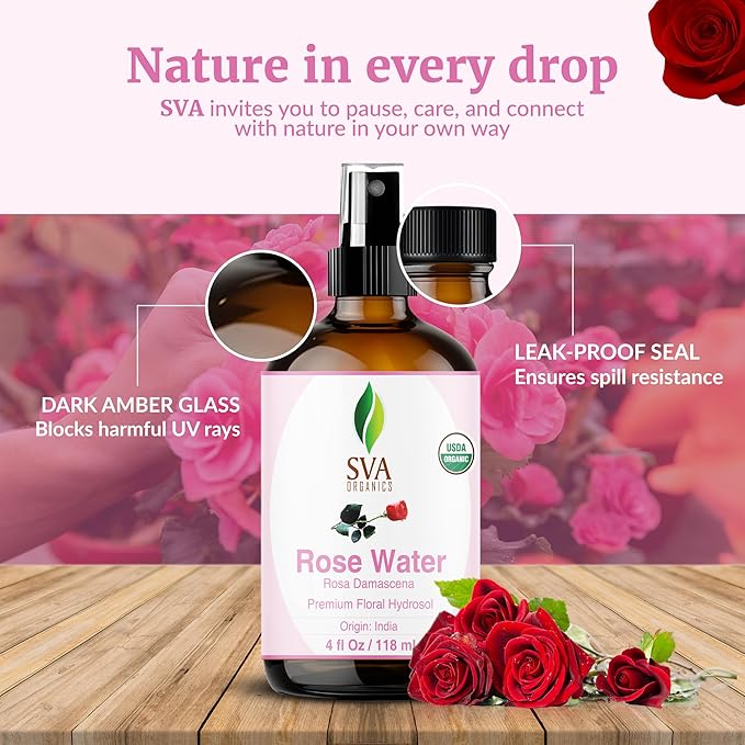 SVA ORGANICS Rose Water 4oz (118 ml) Refreshing Rose Water Spray for Skin Care, Skin Hydration, Bath, Soaps, Haircare & Aromatherapy-Velvo Beauty