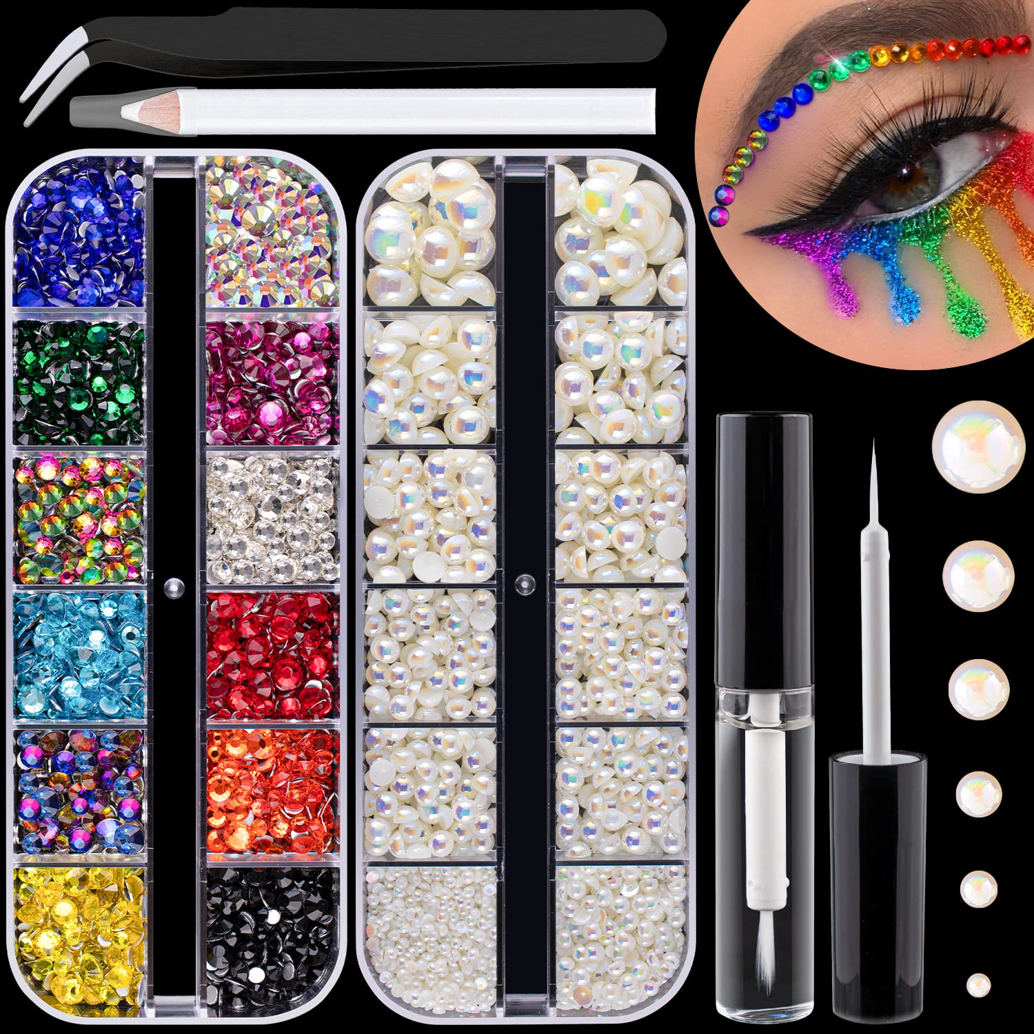 Colorful Flatback Face Gems and Beige AB Pearls for Makeup with Quick Dry Glue, Half Round Pearls Nail Art Rhinestones Glass Crystal Beads for Make-up Deco with Pickup Pencil + Tweezer-Velvo Beauty